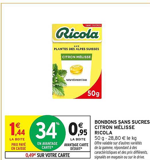 BONBONS SANS SUCRES CITRON MÉLISSE RICOLA