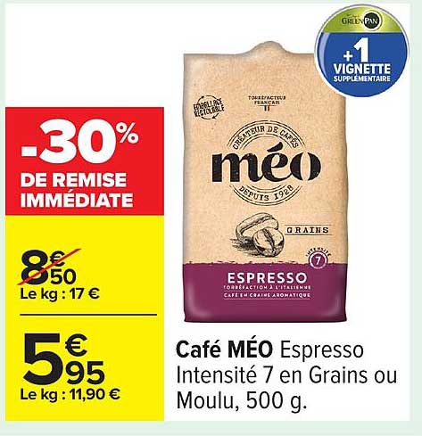 Café MÉO Espresso Intensité 7 en Grains ou Moulu, 500 g.
