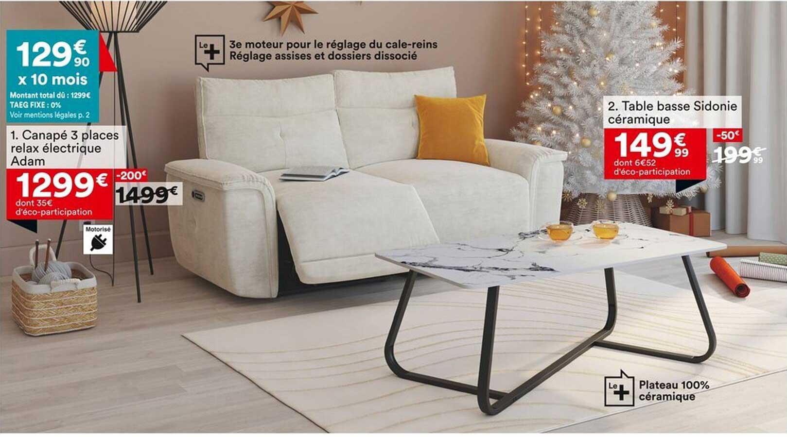 Canapé 3 places relax électrique Adam