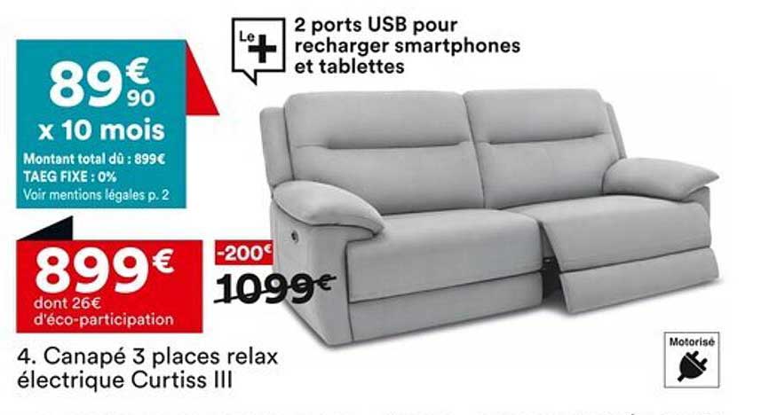 Canapé 3 places relax électrique Curtiss III