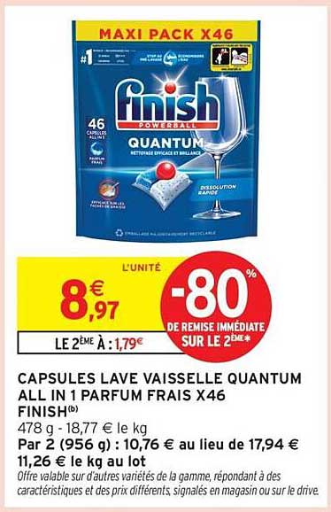 CAPSULES LAVE VAISSELLE QUANTUM ALL IN 1 PARFUM FRAIS X46 FINISH