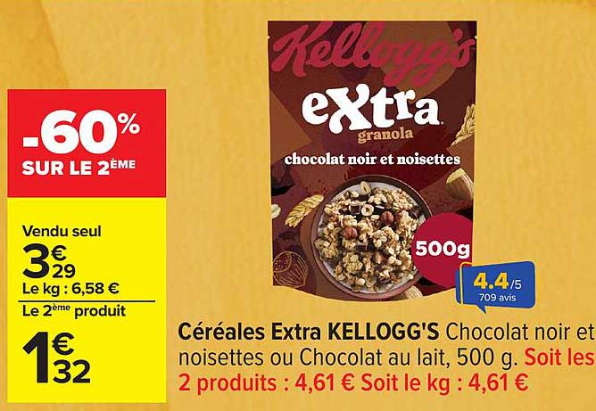 Céréales Extra KELLOGG'S Chocolat noir et noisettes ou Chocolat au lait, 500 g.