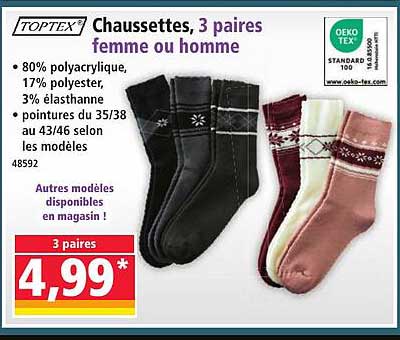 Chaussettes, 3 paires femme ou homme