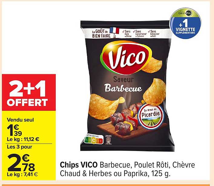 Chips VICO Barbecue, Poulet Rôti, Chèvre Chaud & Herbes ou Paprika, 125 g
