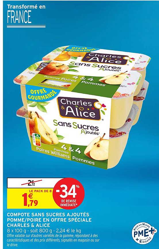 COMPOTE SANS SUCRES AJOUTÉS POMME/POIRE EN OFFRE SPÉCIALE CHARLES & ALICE