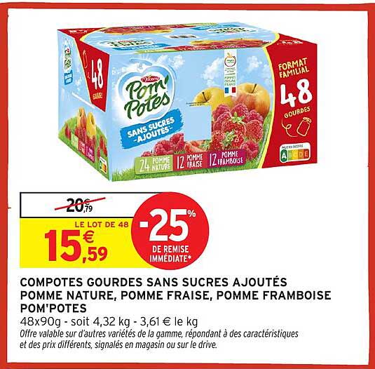 COMPOTES GOURDES SANS SUCRES AJOUTÉS POMME NATURE, POMME FRAISE, POMME FRAMBOISE POM'POTES