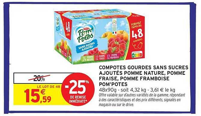 COMPOTES GOURDES SANS SUCRES AJOUTÉS POMME NATURE, POMME FRAISE, POMME FRAMBOISE POM'POTES