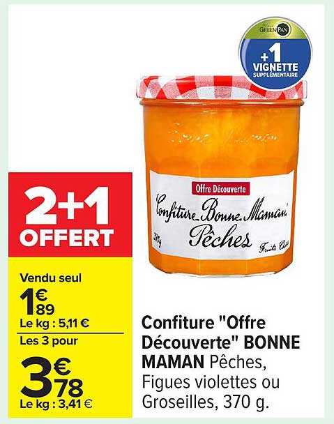Confiture "Offre Découverte" BONNE MAMAN Pêches, Figues violettes ou Groseilles, 370 g