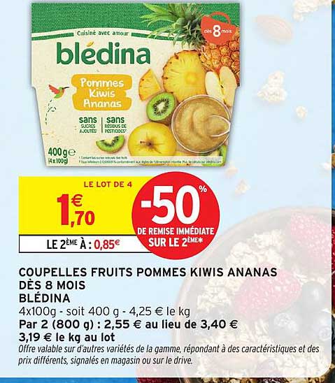 COUPELLES FRUITS POMMES KIWIS ANANAS DÈS 8 MOIS BLÉDINA