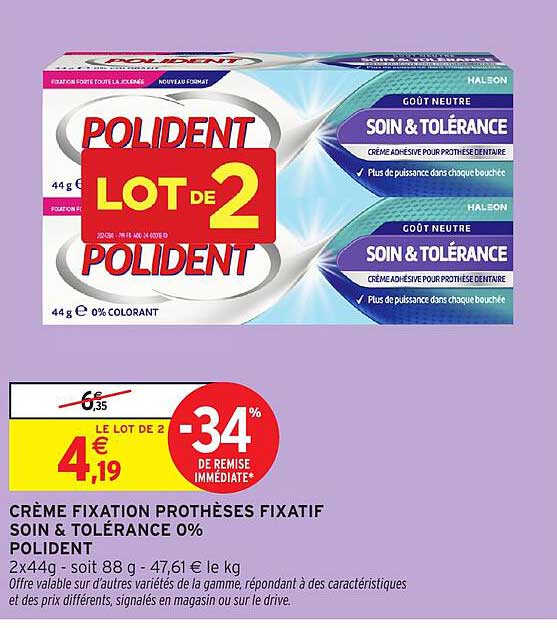 CRÈME FIXATION PROTHÈSES FIXATIF SOIN & TOLÉRANCE 0% POLIDENT