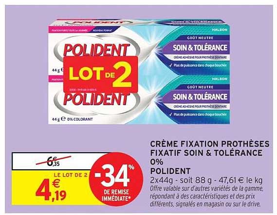 CRÈME FIXATION PROTHÈSES FIXATIF SOIN & TOLÉRANCE 0% POLIDENT