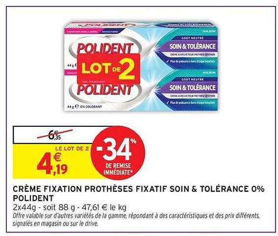 CRÈME FIXATION PROTHÈSES FIXATIF SOIN & TOLÉRANCE 0% POLIDENT