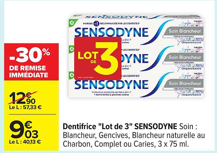Dentifrice "Lot de 3" SENSODYNE Soin : Blancheur, Gencives, Blancheur naturelle au Charbon, Complet ou Caries, 3 x 75 ml.