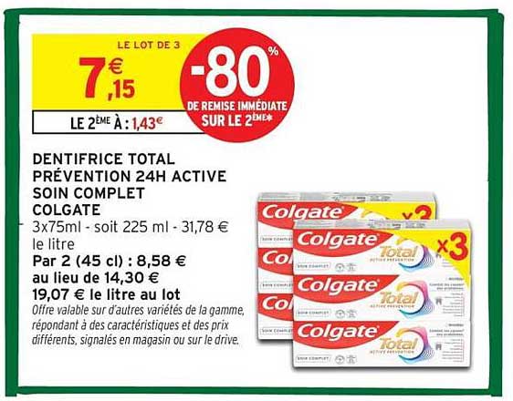 DENTIFRICE TOTAL PRÉVENTION 24H ACTIVE SOIN COMPLET COLGATE