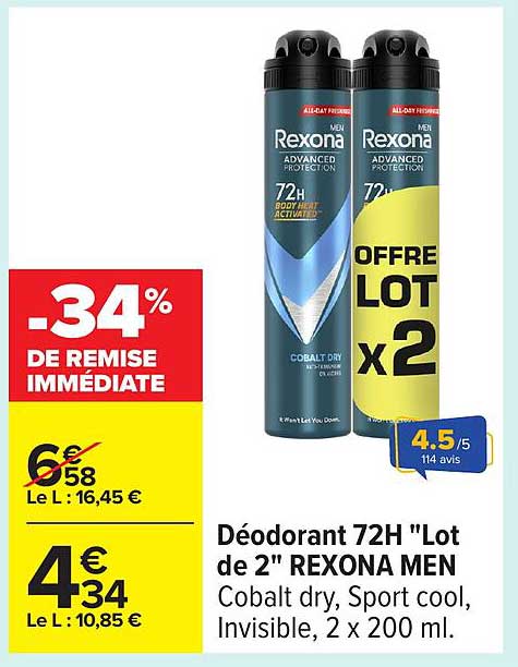 Déodorant 72H "Lot de 2" REXONA MEN