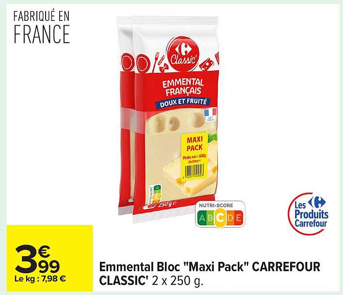 Emmental Bloc "Maxi Pack" CARREFOUR CLASSIC' 2 x 250 g.