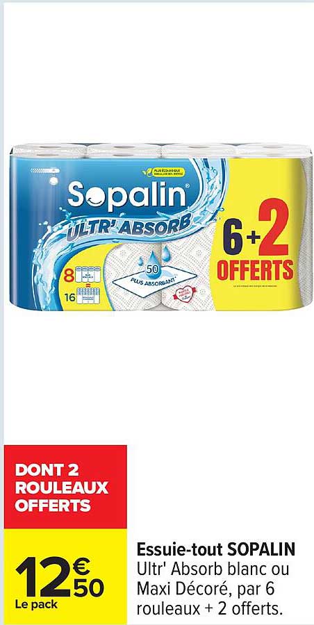 Essuie-tout SOPALIN Ultr' Absorb blanc ou Maxi Décoré, par 6 rouleaux + 2 offerts.