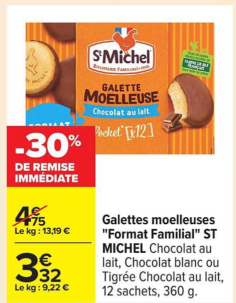 Galettes moelleuses "Format Familial" ST MICHEL Chocolat au lait, Chocolat blanc ou Tigrée Chocolat au lait, 12 sachets, 360 g.