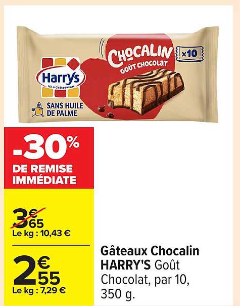 Gâteaux Chocalin HARRY'S Goût Chocolat, par 10, 350 g.