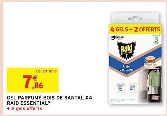 GEL PARFUMÉ BOIS DE SANTAL X4 RAID ESSENTIAL + 2 gels offerts