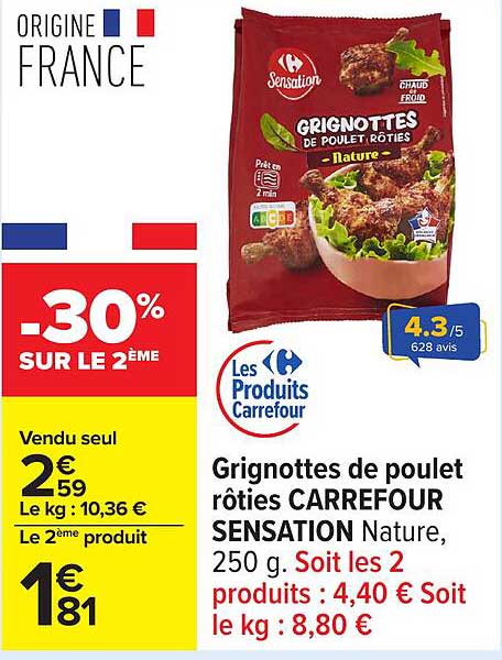 Grignottes de poulet rôties CARREFOUR SENSATION Nature, 250 g.