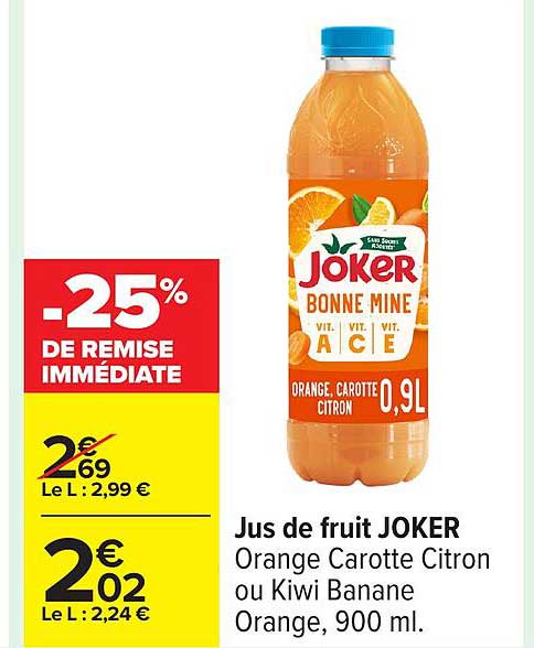 Jus de fruit JOKER Orange Carotte Citron ou Kiwi Banane Orange, 900 ml.