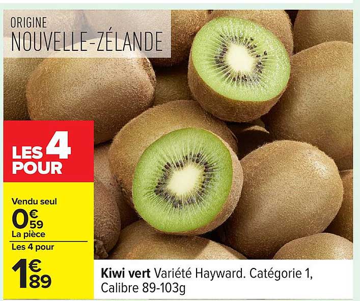 Kiwi vert Variété Hayward. Catégorie 1, Calibre 89-103g
