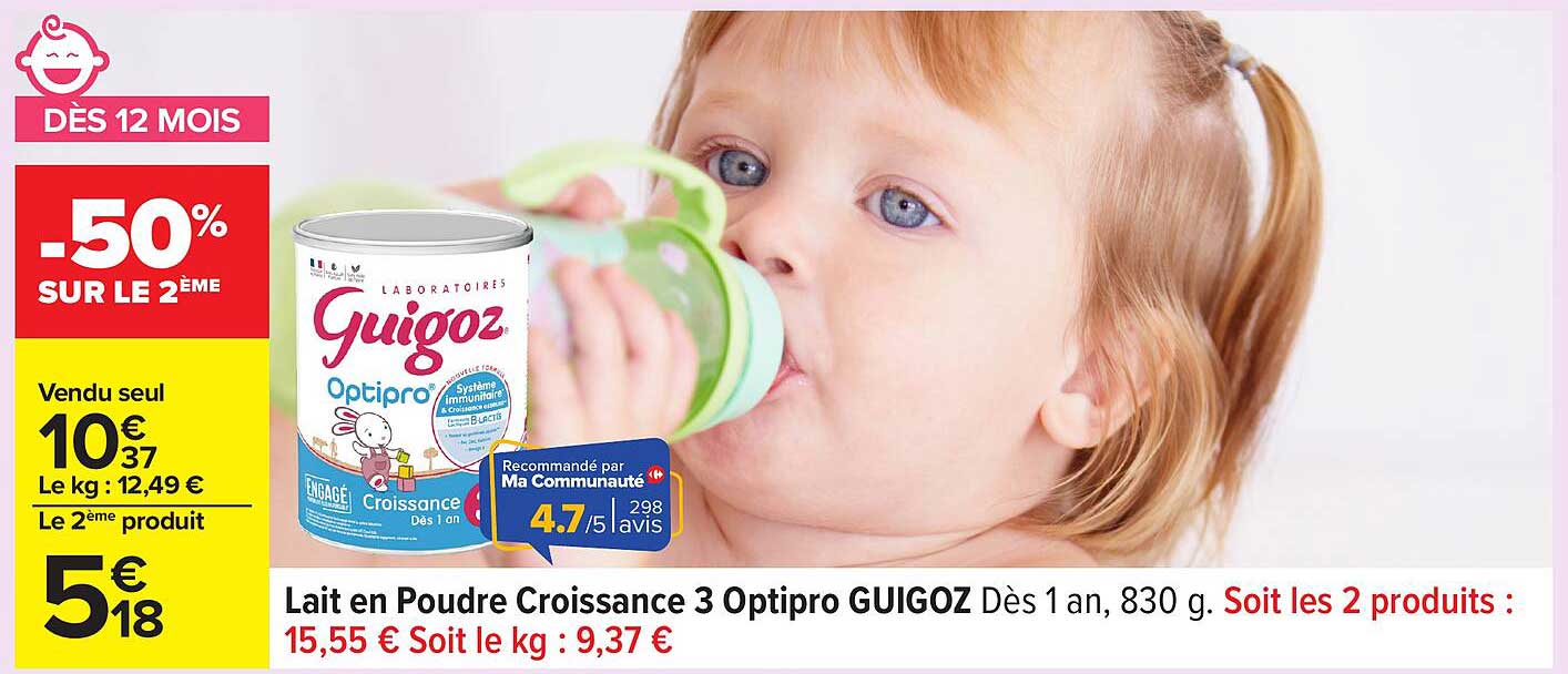 Lait en Poudre Croissance 3 Optipro GUIGOZ Dès 1 an, 830 g. Soit les 2 produits :