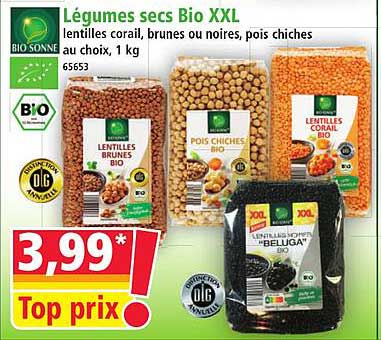 Légumes secs Bio XXL lentilles corail, brunes ou noires, pois chiches au choix, 1 kg