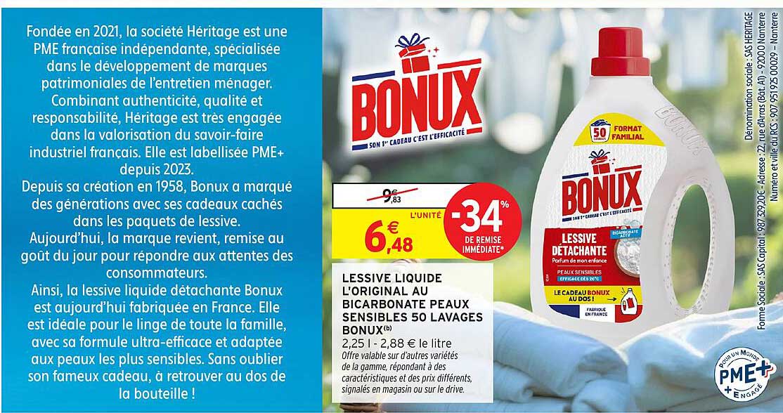 LESSIVE LIQUIDE L'ORIGINAL AU BICARBONATE PEAUX SENSIBLES 50 LAVAGES BONUX