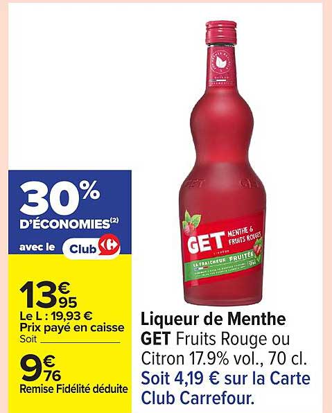 Liqueur de Menthe GET Fruits Rouge ou Citron 17.9% vol., 70 cl