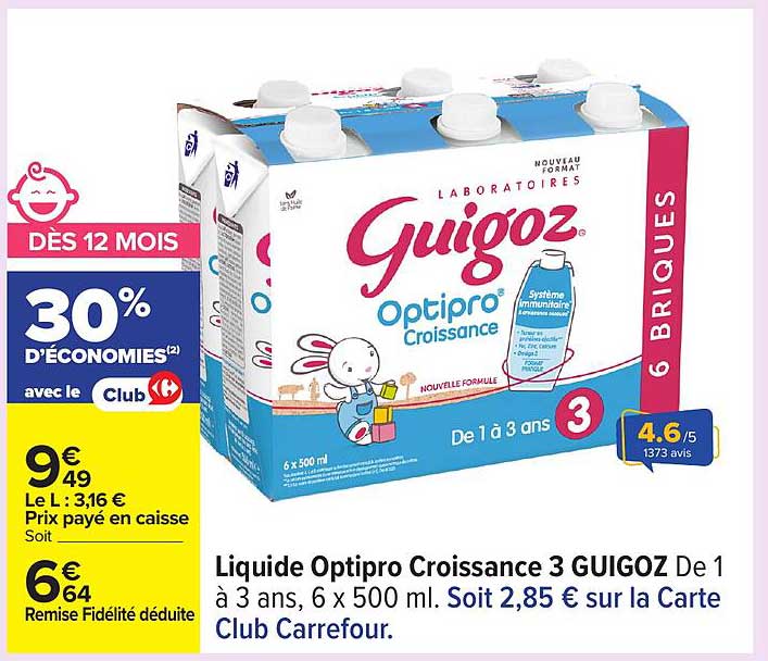 Liquide Optipro Croissance 3 GUIGOZ De 1 à 3 ans, 6 x 500 ml