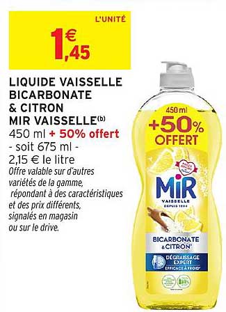 LIQUIDE VAISSELLE BICARBONATE & CITRON MIR VAISSELLE
