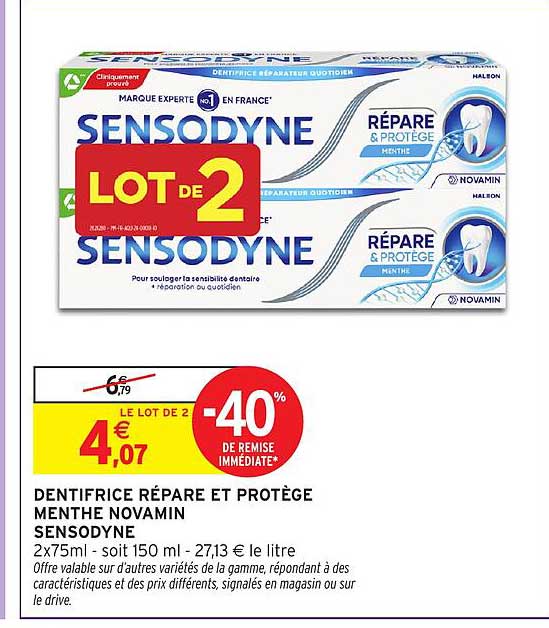 LOT DE 2 DENTIFRICE RÉPARE ET PROTÈGE MENTHE NOVAMIN SENSODYNE