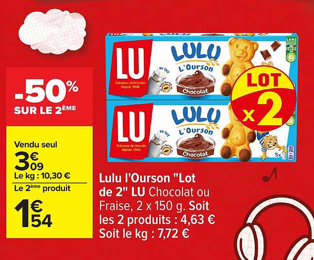 Lulu l'Ourson 'Lot de 2' LU Chocolat ou Fraise