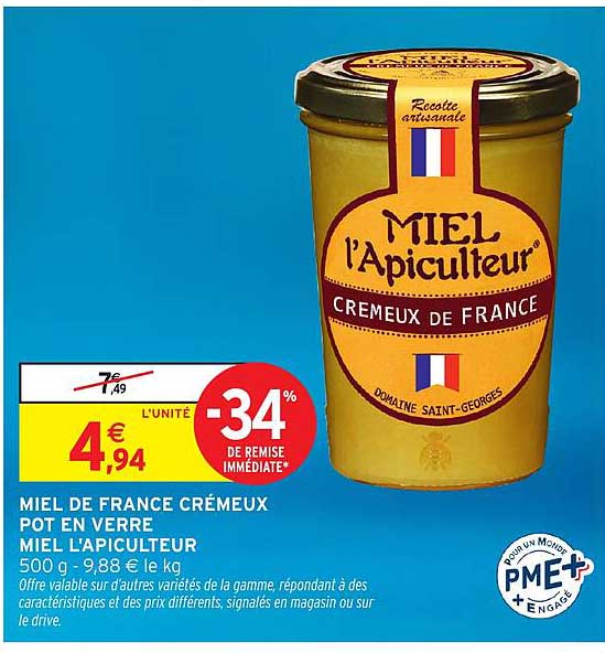 MIEL DE FRANCE CRÉMEUX POT EN VERRE MIEL L'APICULTEUR