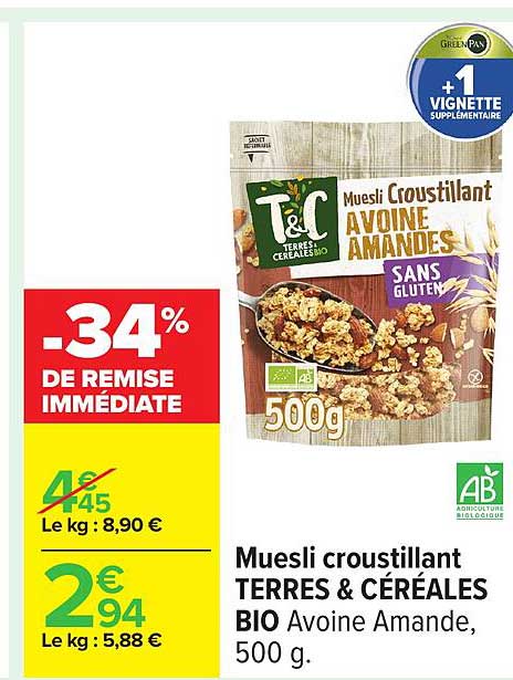 Muesli croustillant TERRES & CÉRÉALES BIO Avoine Amande, 500 g.