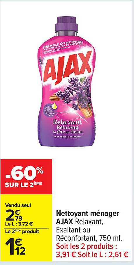 Nettoyant ménager AJAX Relaxant, Exaltant ou Réconfortant, 750 ml.