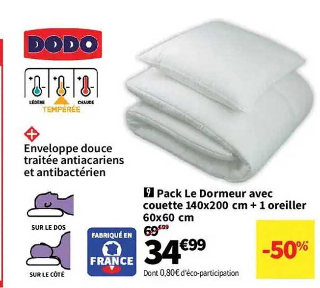 Pack Le Dormeur avec couette 140x200 cm + 1 oreiller 60x60 cm