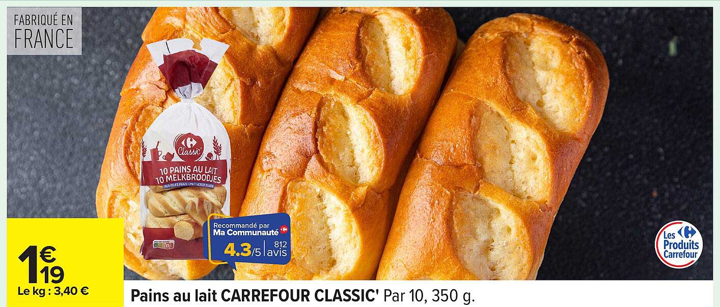 Pains au lait CARREFOUR CLASSIC' Par 10, 350 g.
