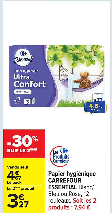 Papier hygiénique CARREFOUR ESSENTIAL Blanc/Bleu ou Rose, 12 rouleaux