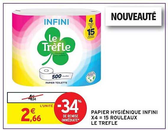 PAPIER HYGIÉNIQUE INFINI X4 = 15 ROULEAUX LE TRÈFLE