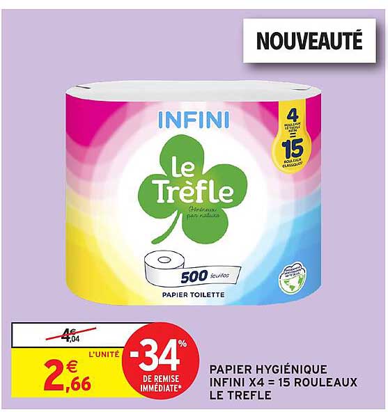 PAPIER HYGIÉNIQUE INFINI X4 = 15 ROULEAUX LE TRÈFLE
