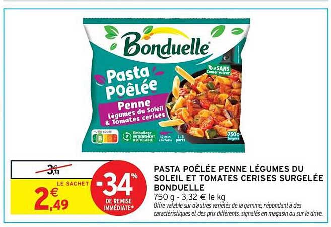 PASTA POÊLÉE PENNE LÉGUMES DU SOLEIL ET TOMATES CERISES SURGELÉE BONDUELLE