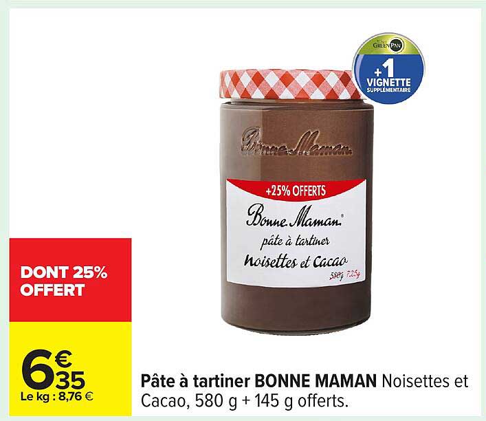 Pâte à tartiner BONNE MAMAN Noisettes et Cacao, 580 g + 145 g offerts.