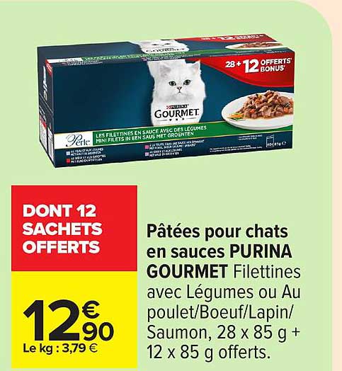 Pâtées pour chats en sauces PURINA GOURMET Filettines avec Légumes ou Au poulet/Boeuf/Lapin/ Saumon, 28 x 85 g + 12 x 85 g offerts