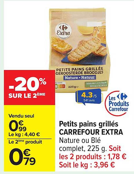 Petits pains grillés CARREFOUR EXTRA Nature ou Blé complet, 225 g.