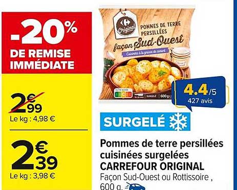 Pommes de terre persillées cuites surgelées CARREFOUR ORIGINAL Façon Sud-Ouest ou Rôtissoire, 600 g