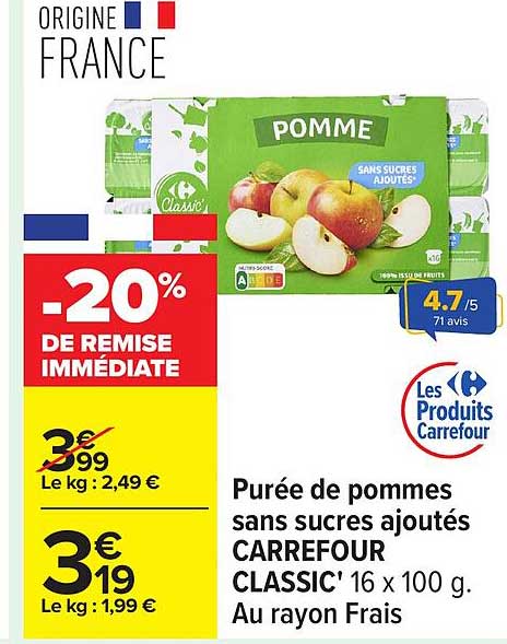 Purée de pommes sans sucres ajoutés CARREFOUR CLASSIC' 16 x 100 g.