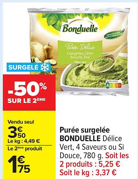 Purée surgelée BONDUELLE Délice Vert, 4 Saveurs ou Si Douce, 780 g
